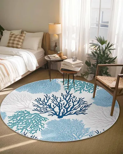 Miniatura 4 de Alfombra redonda azul océano coral de 3 pies, lavable para interiores, dormitorio, cocina, baño, sala de estar, comedor, lavandería, oficina, área +