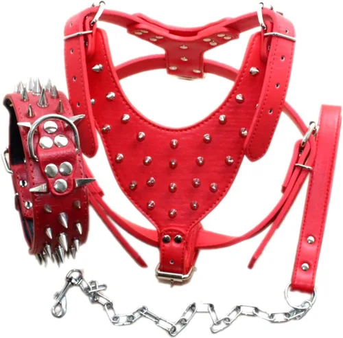 Arnés para perro con tachuelas de cuero de raza, collar y correas, juego de 3 piezas para perros medianos y grandes, mastín, boxer, bull terrier
