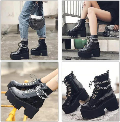 Miniatura 3 de CYNLLIO - Botas estilo combate de moda al tobillo de mujer, plataforma en bloque con cordones y tachas, botas de motocicleta a mitad