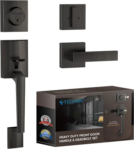 Miniatura 13 de TICONN Juego de manijas para puerta doble delantera, palanca de puerta cuadrada resistente y cerrojo de cilindro único combinado para puertas Bronce