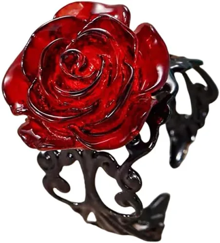 Anillo vintage de color rojo oscuro con diseño de rosa y gótico abierto para mujer, ajustable, punk, gótico, 3D, floral, envolvente, Y2K, estético,