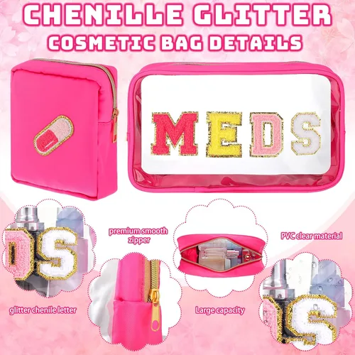 Miniatura 5 de Hillban 2 bolsas medicinales de chenilla con parche de letras, bolsas de viaje, de nailon transparente, bolsas de maquillaje portátiles