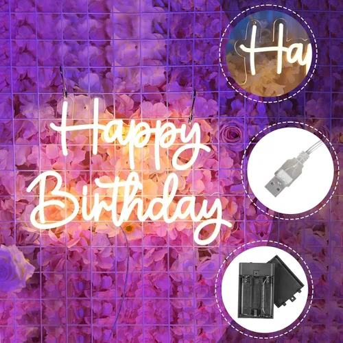 Miniatura 4 de YALLOVE Letrero de neón de feliz cumpleaños de 16 x 11.89 pulgadas, luz de neón blanca de feliz cumpleaños con estuche de batería, brillo ajustable