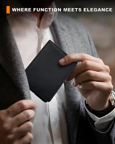 Miniatura 58 de Billetera AirTag para hombre, de piel auténtica plegable con bloqueo Rfid AirTag con ranuras para efectivo y ventana de identificación, compatible