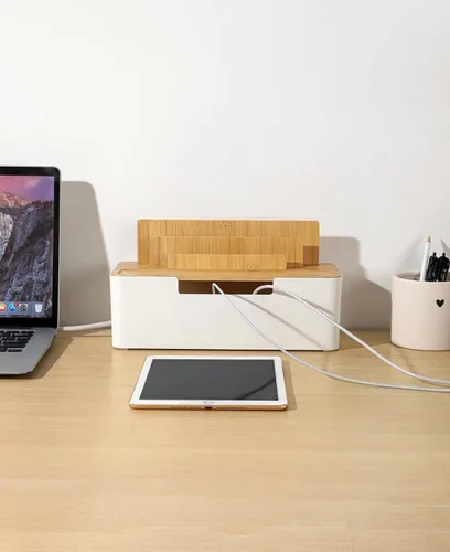 Miniatura 5 de Caja de organización de cables con tapa de madera, organizador multidispositivo para teléfonos/tabletas/relojes inteligentes, organizador de cables