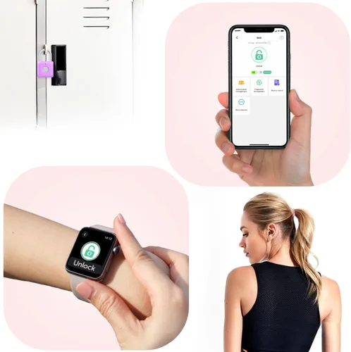 Miniatura 5 de Candado de huella digital eLinkSmart para casillero de gimnasio para niñas y mujeres con aplicación para teléfono iOS Watch, cerraduras de Púrpura