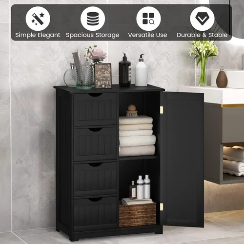Miniatura 9 de COSTWAY Armario de almacenamiento de baño, organizador de almacenamiento de madera con 4 cajones profundos y estante ajustable, gabinete de piso