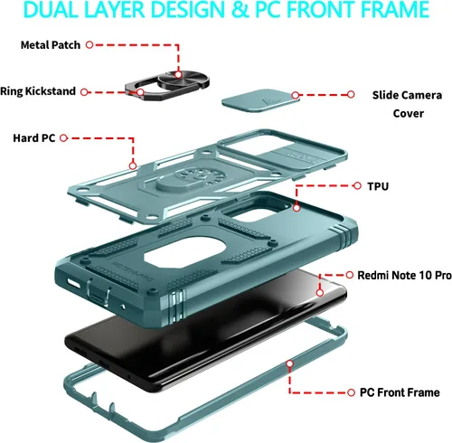 Miniatura 6 de Funda Xiaomi Redmi Note 10 Pro/Pro MAX con 3 protectores de pantalla de vidrio templado, soporte de anillo incorporado + cubierta de cámara, Verde