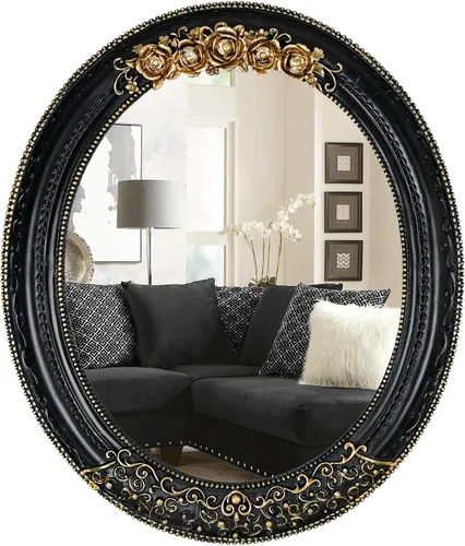 Espejo Ovalado de Resina Vintage, Espejo Decorativo Montado en Pared para Entrada, Pasillo, Dormitorio, Espejo Ovalado 11.8x10 pulgadas (Negro)