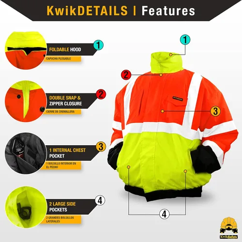 Miniatura 4 de KwikSafety Chaquetas reflectantes Bombarderos de trabajo de alta visibilidad aislados para hombre Amarillo, Naranja, Multicolor 6. Bolsillo