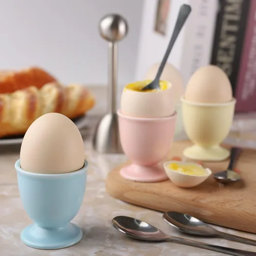 Miniatura 6 de Juego de tapas de cerámica para huevos duros y suaves, incluye 1 cortador de huevos, 4 tazas de cerámica y 4 cucharas (juego de galletas de huevo)