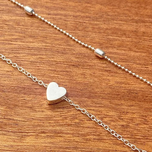 Miniatura 5 de Artmiss Tobilleras en capas para mujer, pulsera de tobillo plateada con dije de corazón y cuentas delicadas, joyería de pie para mujer, tobillera