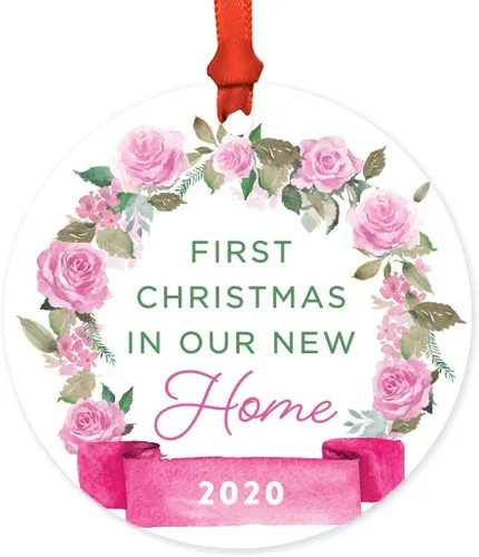Miniatura 71 de Andaz Press Adorno de Navidad de madera grabado con láser para aniversario de boda, 1 año juntos, Navidad 2025, pancarta de flores rosas, 1 paquete