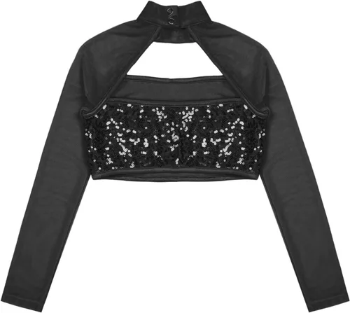 Miniatura 4 de Camisetas cortas de lentejuelas para niños y niñas, manga larga, cuello alto, jazz, hip hop, ballet, danza, ropa de baile