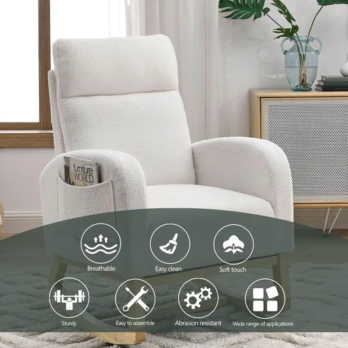 Miniatura 7 de Mecedora para guardería con patas de madera maciza, silla deslizante para guardería con dos bolsillos laterales, sillón mecedor para sala de estar