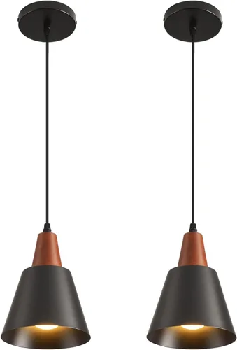 Miniatura 3 de Paquete de 2 luces colgantes, luces colgantes negras para isla de cocina, cúpula de madera, luces colgantes industriales minimalistas para isla