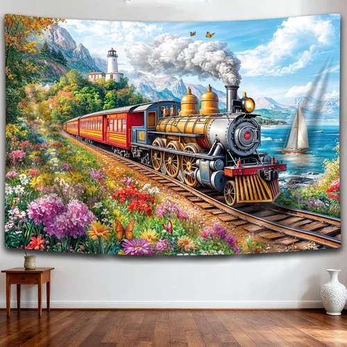 Miniatura 15 de Tapiz de Tren de Vapor, Tapices de Paisaje Otoñal de Tren de Motor Antiguo Decoración para Niños, Tapices de Arte de Acuarela de Bosque de Montaña