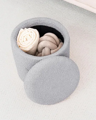 Miniatura 4 de Otomana redonda con almacenamiento, taburete Boucle con tapa de bandeja reversible, mesa de centro otomana plegable para dormitorio, sala de estar