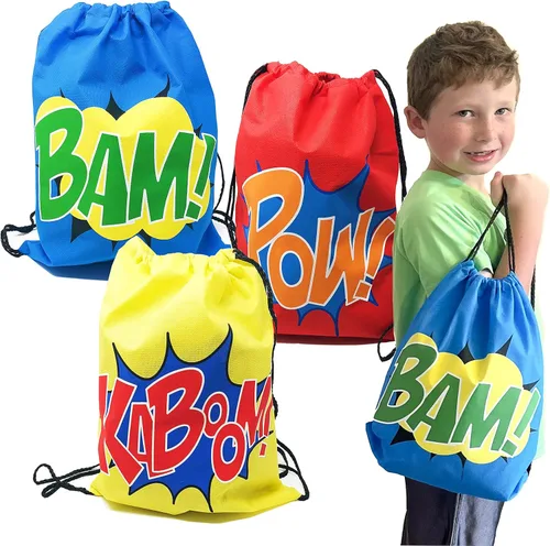 Miniatura 9 de Podzly - 12 bolsas de superhéroes con cordón para fiestas - Lindas mochilas con cincha para niños, niñas, niños - Bolsas de regalo de cumpleaños
