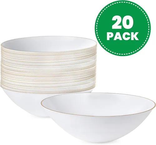 Miniatura 2 de PLASTICPRO [16 OZ 20 unidades] Platos de fiesta de plástico blanco con diseño floral, cuencos de sopa con borde dorado, vajilla desechable elegante