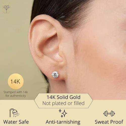 Miniatura 2 de Aretes de oro de 14 quilates para mujeres y hombres con cristal redondo genuino, aretes de circonita cúbica con dorso de oro 0.5-3.0 quilates por