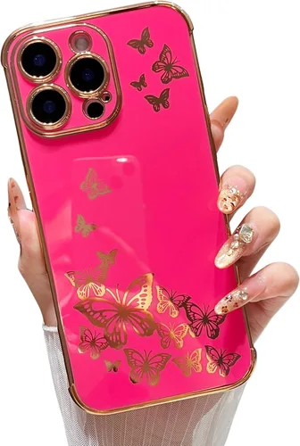 ZTOFERA Funda protectora para iPhone 16 Pro, funda protectora para mujer, linda mariposa galvanizada, borde dorado, a prueba de golpes, delgada,