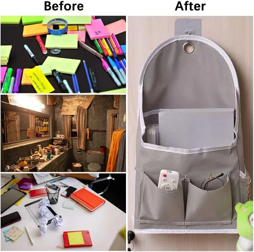 Miniatura 4 de Paquete de 2 bolsas de almacenamiento para colgar en la pared con bolsillos, cesta organizadora de casillero con gancho adhesivo, organizador de Gris