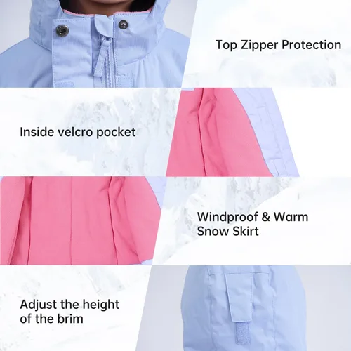 Miniatura 15 de Chaqueta de esquí impermeable para niñas, chaqueta de snowboard para exteriores, resistente al viento, con forro polar, abrigo de nieve cálido