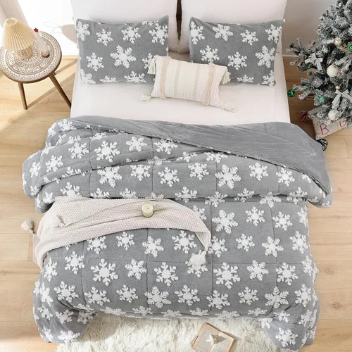 Miniatura 8 de JANZAA Juego de edredón de terciopelo gris claro con copos de nieve blancos estereoscópicos de 3 piezas, tamaño matrimonial, suave y esponjoso