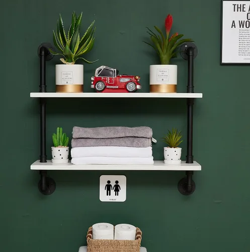 Miniatura 12 de HDDFER - Estantería industrial para tuberías rústicas en blanco, estantes de pared de tubería industrial con tablas de madera, estantes flotantes