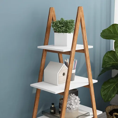 Miniatura 6 de Estantería de escalera blanca de 4 niveles, estantería de escalera de madera con marco en A, estantería moderna inclinada para sala de estar
