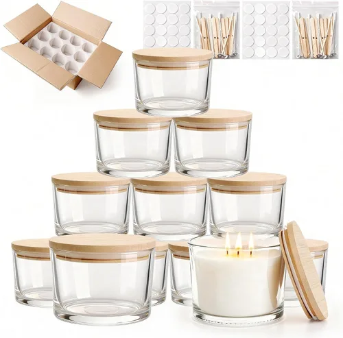 Miniatura 11 de Tarros de vela de vidrio de 4 onzas, paquete de 12 tarros pequeños para hacer velas, tarros vacíos de vidrio grueso de boca ancha con tapas de bambú