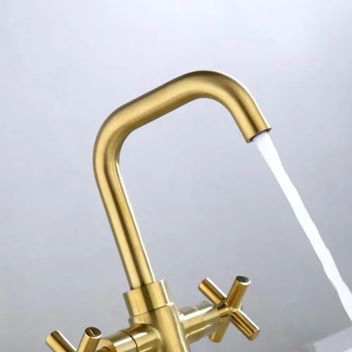 Miniatura 4 de Moderno grifo de lavabo de baño dorado cepillado, 4 pulgadas de un solo agujero o centro de 3 agujeros, mango cruzado de 2 asas, boquilla giratoria