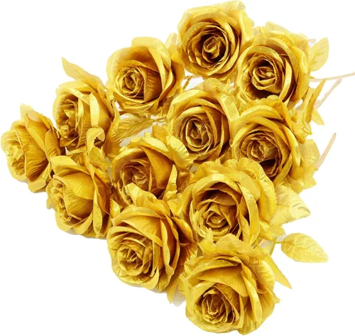 Eternal Blossom 12 rosas artificiales doradas, flores de seda falsa con tallo corto, adecuadas para decoración de fiestas de boda y familia, 12