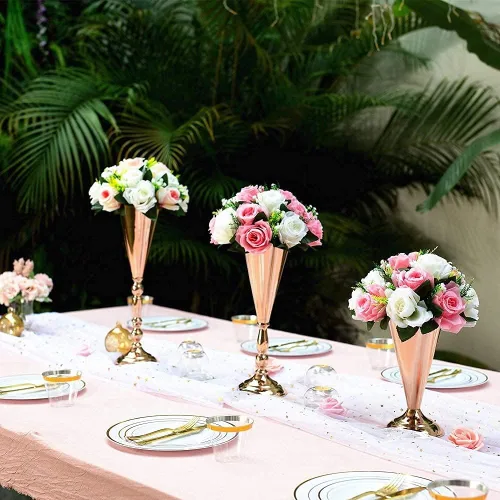 Miniatura 6 de Sziqiqi Juego de 2 centros de mesa altos metálicos para mesas de recepción de boda Florero dorado con soporte Decoración de base para fiestas