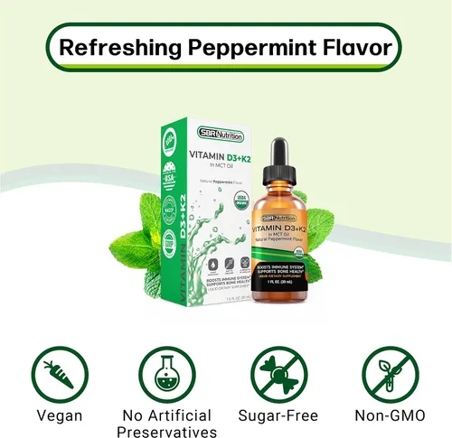 Miniatura 4 de SBR Nutrition Máxima absorción, vitamina D3 + K2 (MK-7) gotas líquidas con aceite MCT, sabor a menta, ayuda a apoyar huesos fuertes y corazón