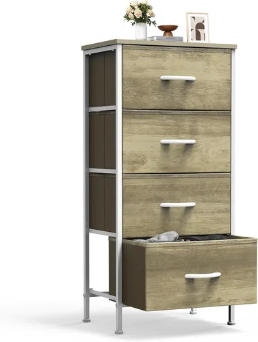 Miniatura 19 de Sweetcrispy Cómoda alta de tela para dormitorio, cómoda delgada de 6 cajones, torre de almacenamiento estrecha con parte superior de madera y marco
