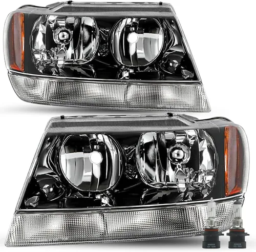 Miniatura 9 de SOCKIR Conjunto de faros delanteros compatible con Jeep Grand Cherokee 1999-2004 halógeno (carcasa negra, parte inferior ámbar, con bombillas)