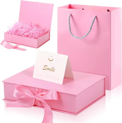 Miniatura 12 de Zonon - Caja de regalo de lujo color negro y rosa con tapa y cinta, bolsa de regalo de 9 x 7 x 3 pulgadas, con tarjeta de felicitación, papel