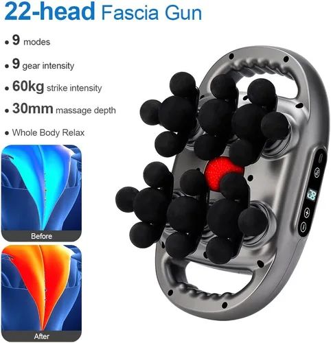 Miniatura 5 de Pistola de masaje, masajeador de 22 cabezas para pies, espalda, cuello y hombros con modos y intensidades ajustables y múltiples, pistola de fascia