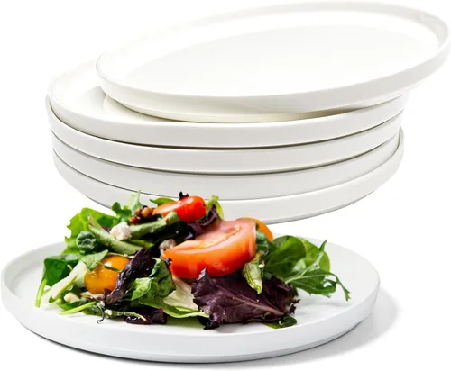 Vikko Plato de ensalada, juego de 6 platos blancos, postre, ensalada, plato de aperitivo, porcelana fina de hueso, platos de postre apilables de 8