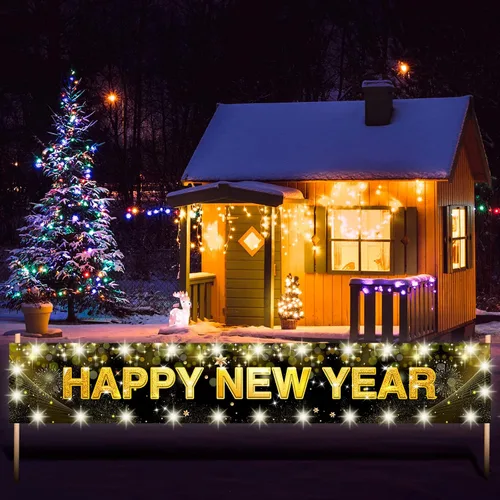 Miniatura 5 de Letrero grande de feliz año nuevo con luces LED para decoraciones de Navidad, cartel negro y dorado de 118 x 19.6 pulgadas con clips transparentes