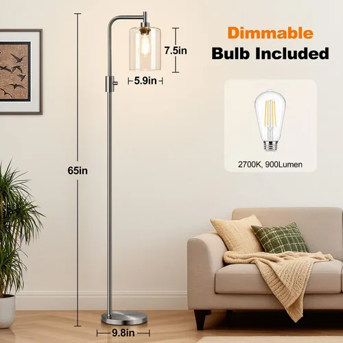 Miniatura 7 de 【Actualizada】Lámpara de pie regulable para sala de estar con pantalla de cristal, lámpara de pie moderna de níquel cepillado con bombilla LED de 900