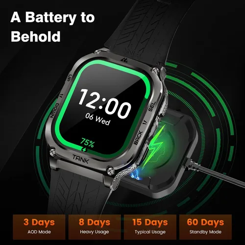 Miniatura 5 de AMAZTIM Reloj Inteligente, Batería Extra Larga de 60 Días, Resistente al Agua 5ATM para Natación y Buceo, Grado Militar de Metal Completo, Negro
