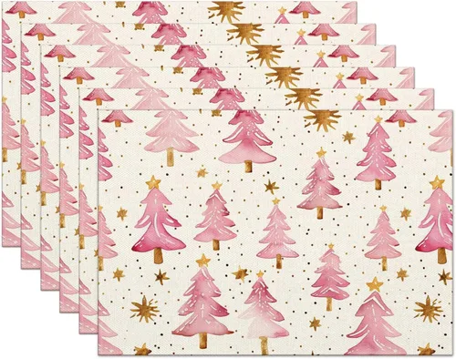 Miniatura 8 de Juego de 4 manteles individuales de Navidad de Moutina, 12 x 18 pulgadas, Árboles de Navidad rosados resistentes al calor, manteles individuales
