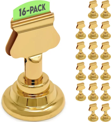 Soportes para números de mesa (16 unidades) de metal dorado de alta calidad para bodas, fiestas, decoración de mesa, tarjetero (1.7 pulgadas de alto)