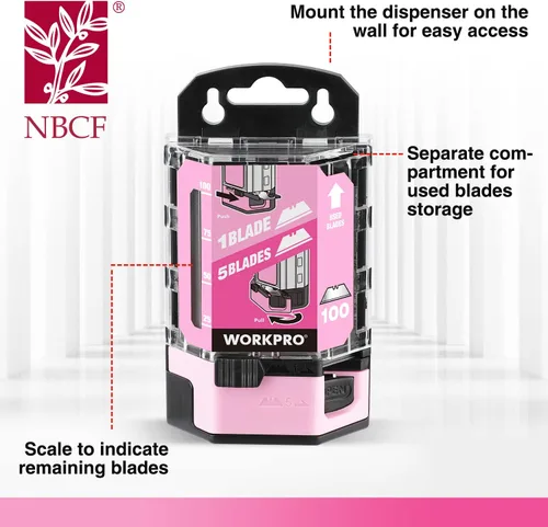 Miniatura 4 de WORKPRO Cuchillas para cuchillos utilitarios, paquete de 100 cuchillas de repuesto con dispensador, acero al carbono SK5, cinta rosa