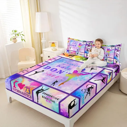 Miniatura 18 de Sábana bajera ajustable de ballet para niñas, juego de ropa de cama de ballet para danza de ballet, sábanas de cama con rayas geométricas onduladas