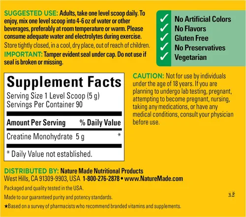 Miniatura 9 de Nature Made Polvo de Monohidrato de Creatina Micronizada 5 g por Porción, Polvo de Mezcla para Bebidas Sin Sabor, Apoyo Muscular, 450 g, Suministro