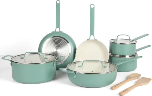 Martha Stewart Emmeline - Juego de ollas y sartenes de 12 piezas de aluminio con interior de cerámica antiadherente libre de PFA, esmaltado pesado,